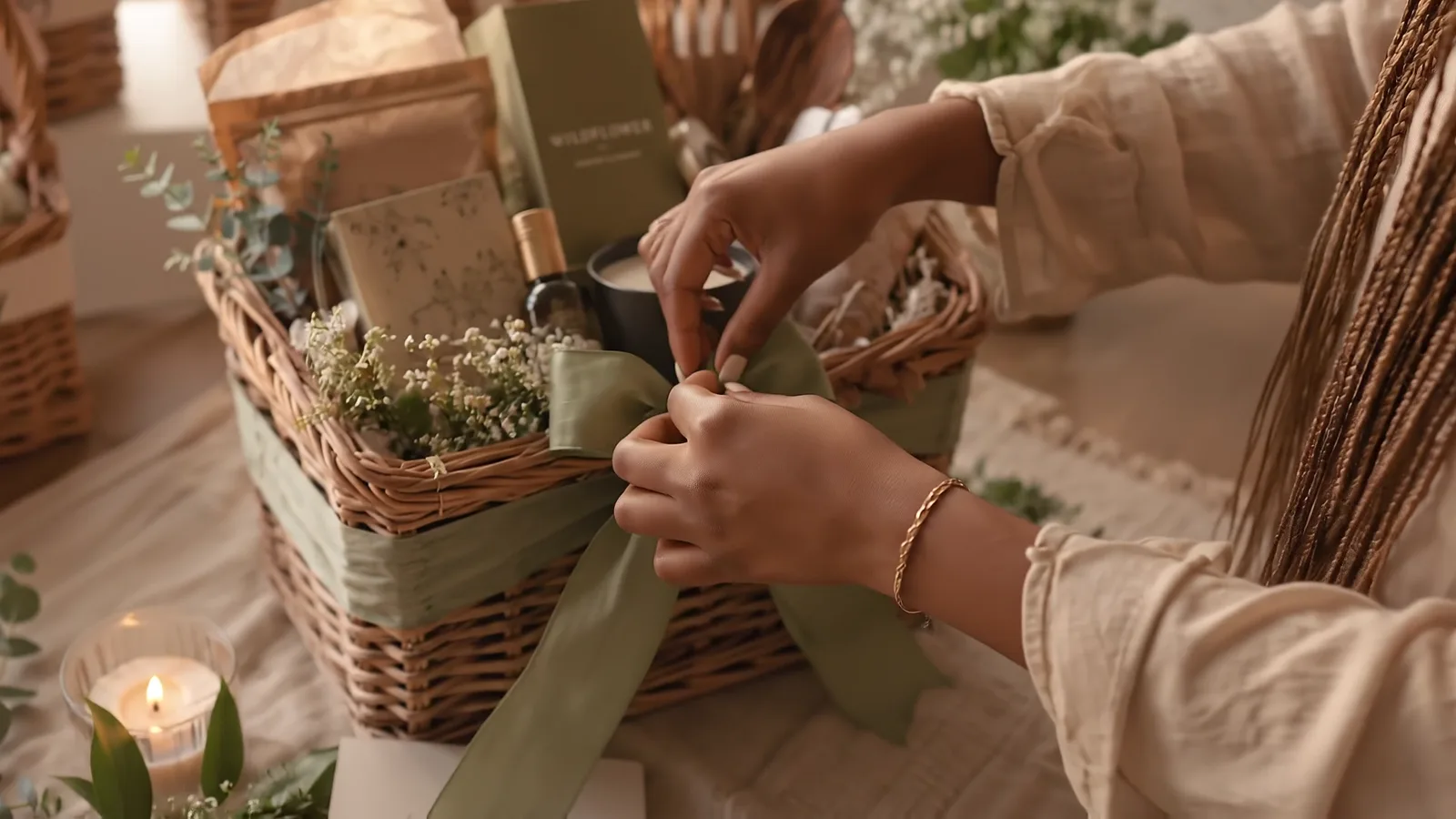 A custom gift basket being wrapped with ribbon