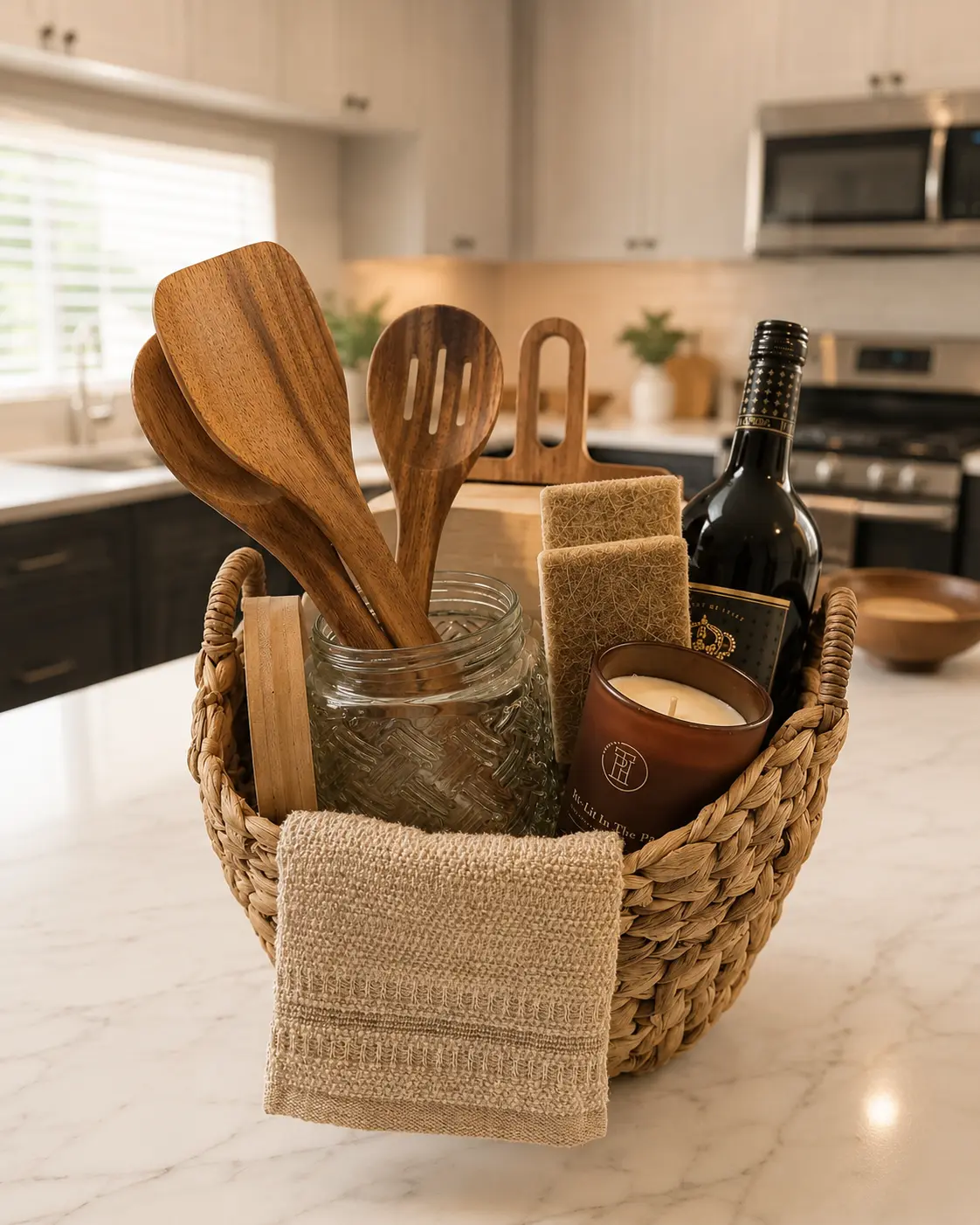 Housewarming gift styling with wooden utensils, a candle, wine, and a kitchen towel