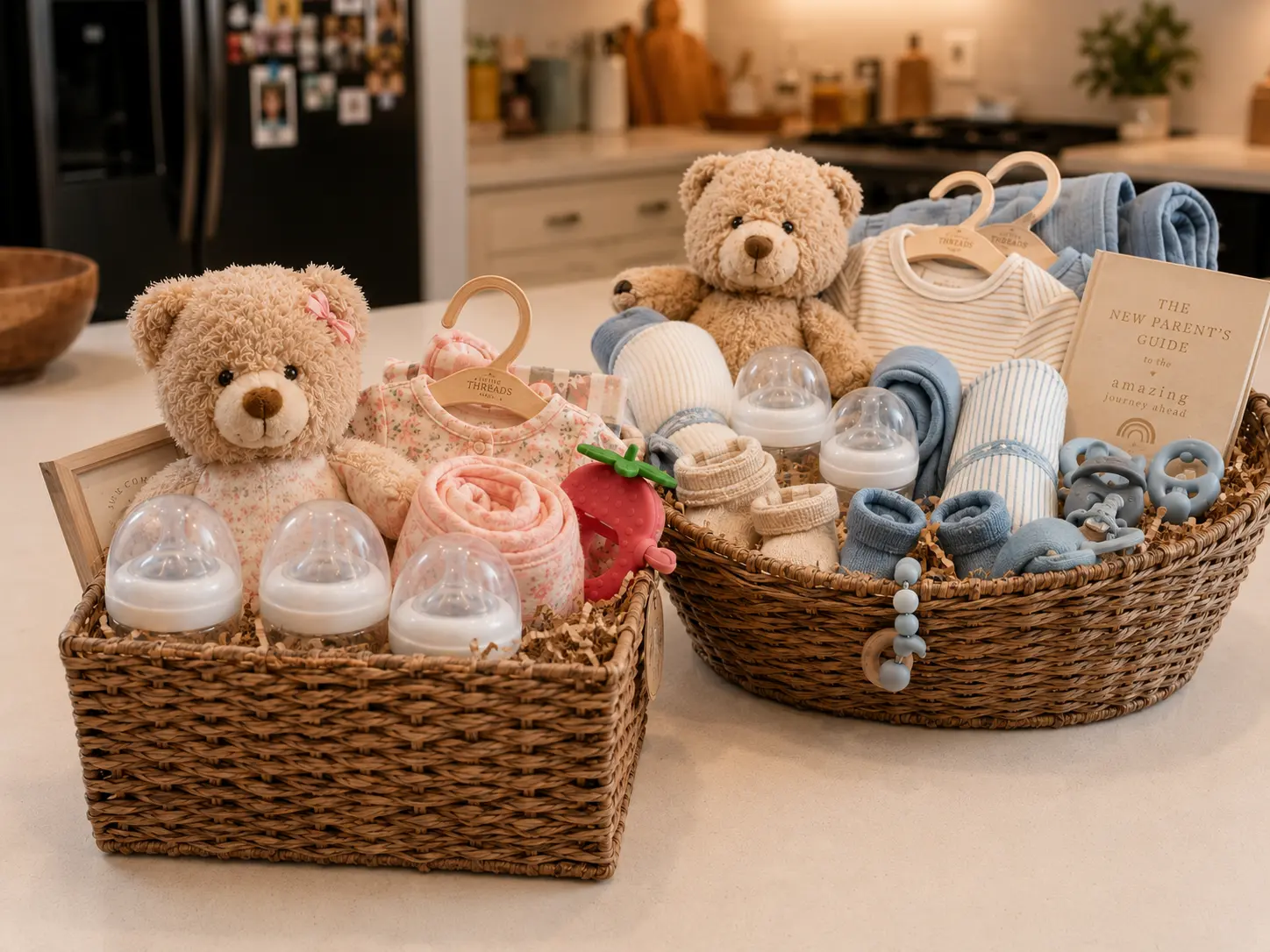 New-baby gift styling with two teddy bears, bottles, blankets, clothing, and baby essentials