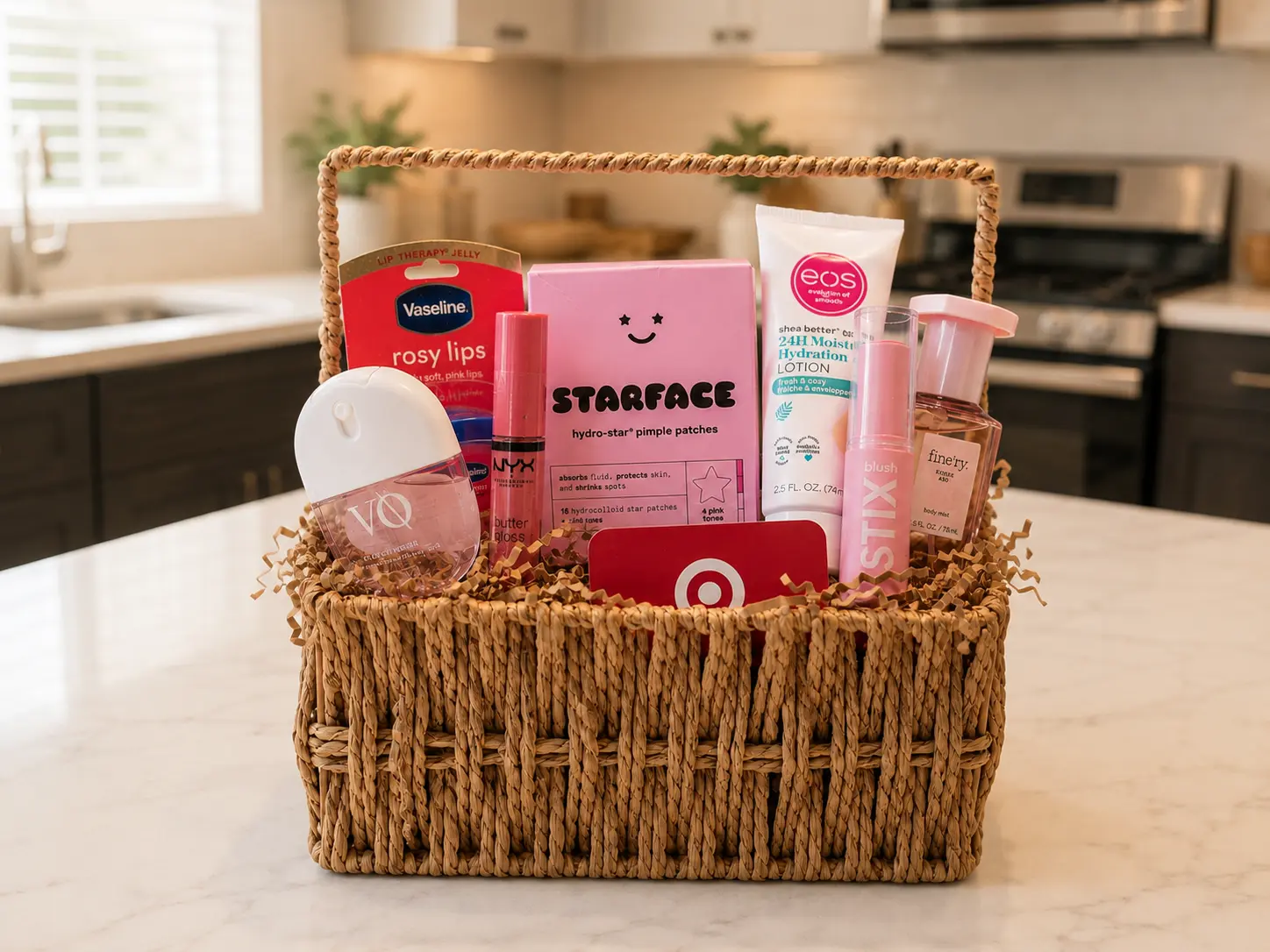 Pink self-care gift styling with skincare, lip care, lotion, fragrance, and a gift card